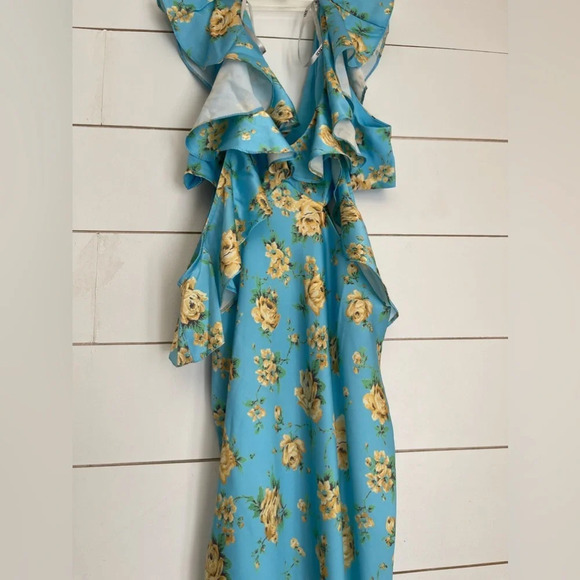 Asos Design Petite Satin Midaxi Dress With Multi Flutter Sleeves In Blue Floral - Picture 7 of 10